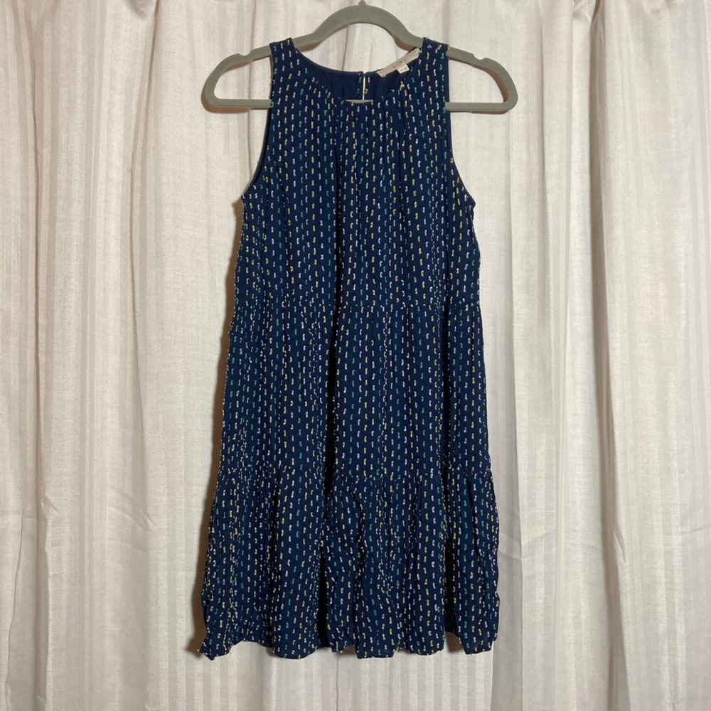 Coastal Navy Blue Clip Dot Tiered Sleeveless Shift Dress Petite Small LOFT Beach